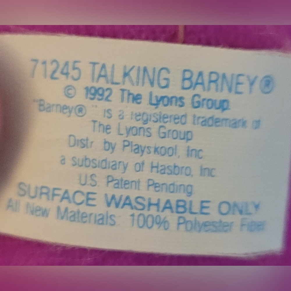 Vintage 1992 Talking Barney Plush – Works! Lyons Group / Playskool - Picture 4 of 4